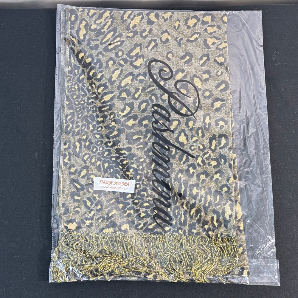 pashmina Leopard Print Scarf in Gold and Black